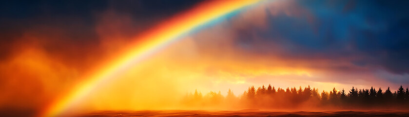 Naklejka premium A stunning sunset landscape featuring a vibrant rainbow arching over silhouetted trees, creating a magical atmosphere.