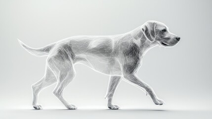 Fototapeta premium A digital illustration of a walking dog, highlighted with a wireframe effect, showcasing a sleek design on a minimalist background.