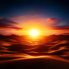 Fototapeta premium A stunning sunset over rolling sand dunes, showcasing vibrant orange and blue hues in the sky.