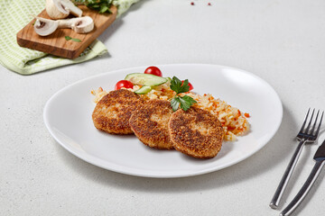 Turkey Cutlets with Rice and Vegetables on Minimalist Plate - Vibrant and Modern Food Photography
