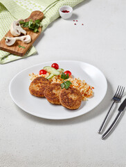 Turkey Cutlets with Rice and Vegetables Bright Minimalist Culinary Presentation