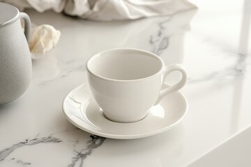 Fototapeta premium White Coffee Cup and Saucer on a Marble Countertop with Soft Diffused Lighting and Empty Space on the Left Side for a Minimalist Aesthetic