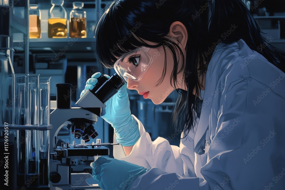 Poster scientist working with microscope in laboratory researching new medicine