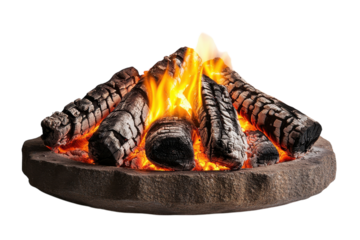 Warm glow of glowing embers and flames in a rustic stone fire pit during a cool evening gathering