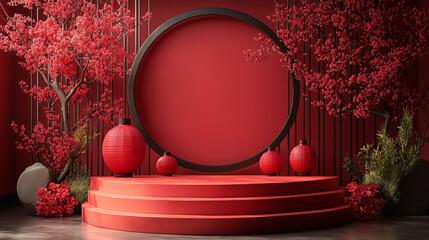 A red stage with a red background and a red circle in the middle