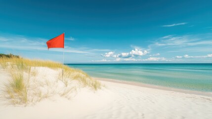 A red flag on a sandy beach with clear blue water and a bright sky. The scene is peaceful and evokes a sense of summer vacation. The red flag indicates a warning or cautionary message.