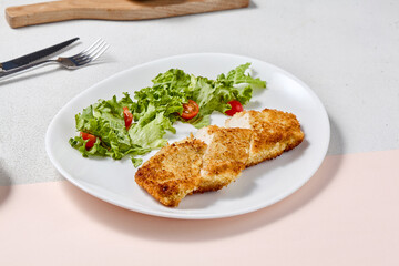 Crispy Chicken Fillet with Cheese Crust and Fresh Salad in Minimalist Style