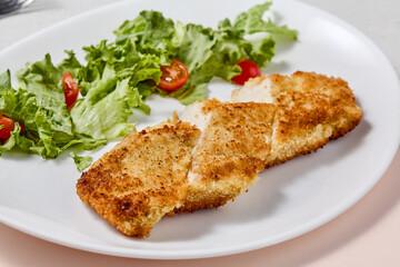 Crispy Chicken Fillet in Cheese Crust with Fresh Salad on Elegant White Plate