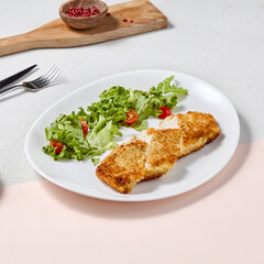 Crispy Chicken Fillet with Cheese Crust and Fresh Salad on Pastel Background