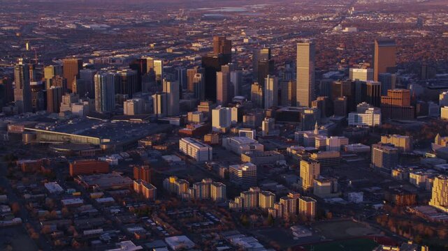 Aerial Drone view of Downtown Denver Cityscape with lights