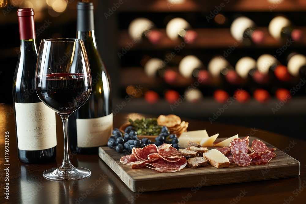 Poster elegant wine cellar featuring vintage bottles and a tasting table with red wine and a charcuterie bo