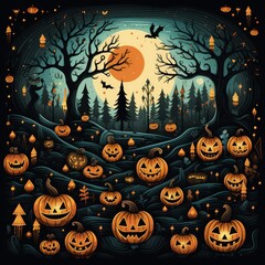 Minimalistic Halloween Vector Art Featuring Bats and Pumpkins in a Spooky Pattern