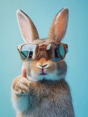 Cute brown bunny wearing sunglasses showing thumbs up sign on blue background
