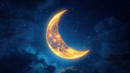 Fototapeta premium A glowing crescent moon shines brightly against a starry night sky, creating a serene and mystical atmosphere.