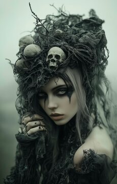 Sorci&egrave;re avec un cr&acirc;ne dans une ambiance sombre