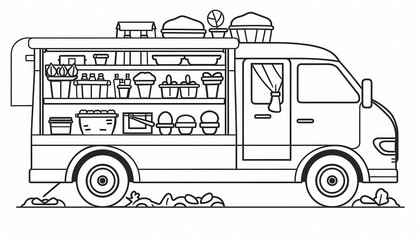 A coloring page featuring a charming food truck filled with various treats and plants. Perfect for kids or anyone who enjoys coloring food-themed illustrations.