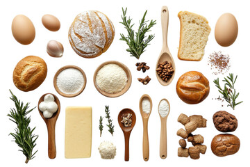Ingredients for a delicious homemade bread and pastry preparation on a clean white surface