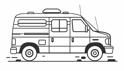 A simple line art illustration of a passenger van. Ideal for travel or transportation-related designs. Use for websites, apps, or print materials.