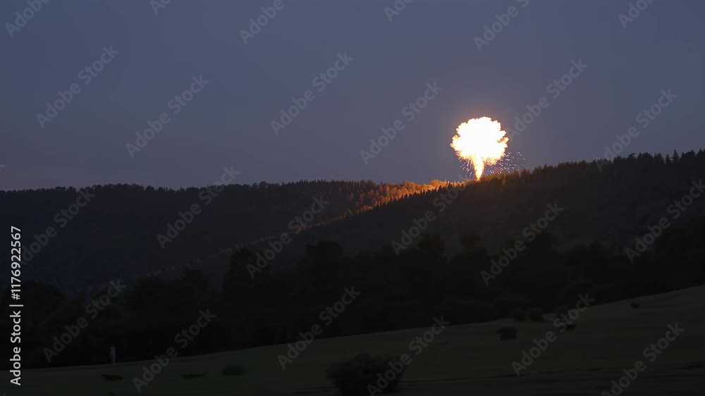Poster exploring a serene mountain landscape at dusk with silhouettes of trees in the foreground