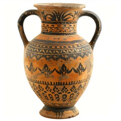 Clay amphora with two handles and floral decorations, isolated on white background, representing ancient greek pottery