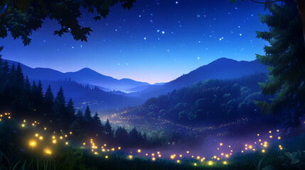 A tranquil night landscape showcasing rolling hills, twinkling stars, and glowing lights in a serene forested valley.