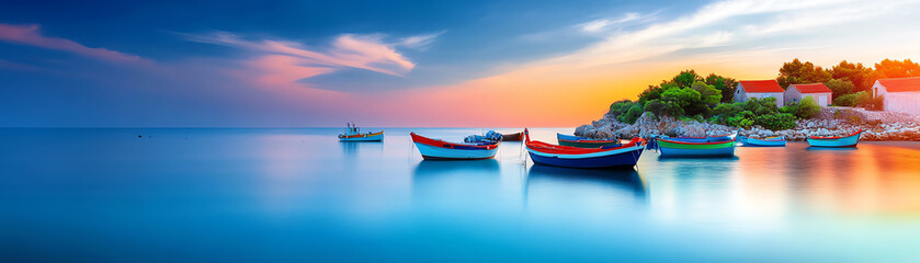 Fototapeta premium A tranquil sunset over a serene harbor with colorful boats gently swaying in the calm water, creating a peaceful coastal atmosphere.
