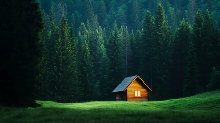A tranquil wooden cabin nestled in a lush green forest, emphasizing harmony with nature and peaceful surroundings.