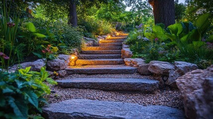 Stone garden steps with lights illuminating walkway at dusk
