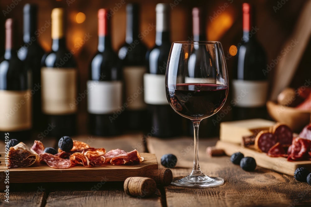 Poster elegant wine cellar featuring vintage bottles and a charcuterie board with red wine in a cozy atmosp