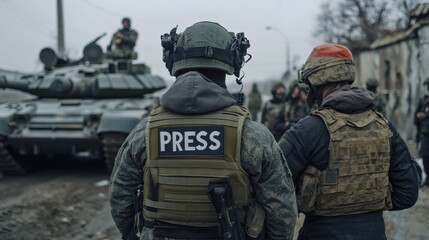 A view of male and female journalists working as war reporters, wearing helmets and body armor, in a conflict zone in winter, from behind, without their faces visible. 