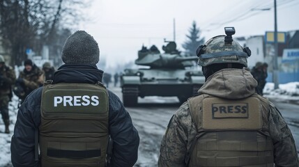 A view of male and female journalists working as war reporters, wearing helmets and body armor, in a conflict zone in winter, from behind, without their faces visible. 