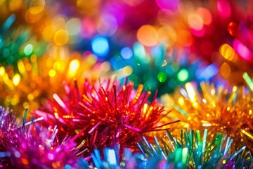 Macro Close-up of Sparkling Colorful Tinsel, Festive Holiday Decoration Detail