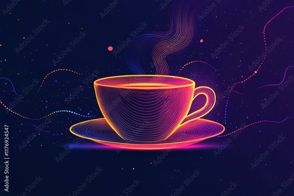 Poster steaming cup of coffee with swirling neon lines on dark background