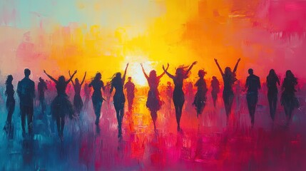 Silhouetted figures rejoice, vibrant sunset backdrop.
