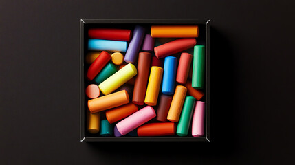 Naklejka premium A vibrant collection of colorful chalks arranged neatly in a black box, perfect for artistic creativity and educational purposes.