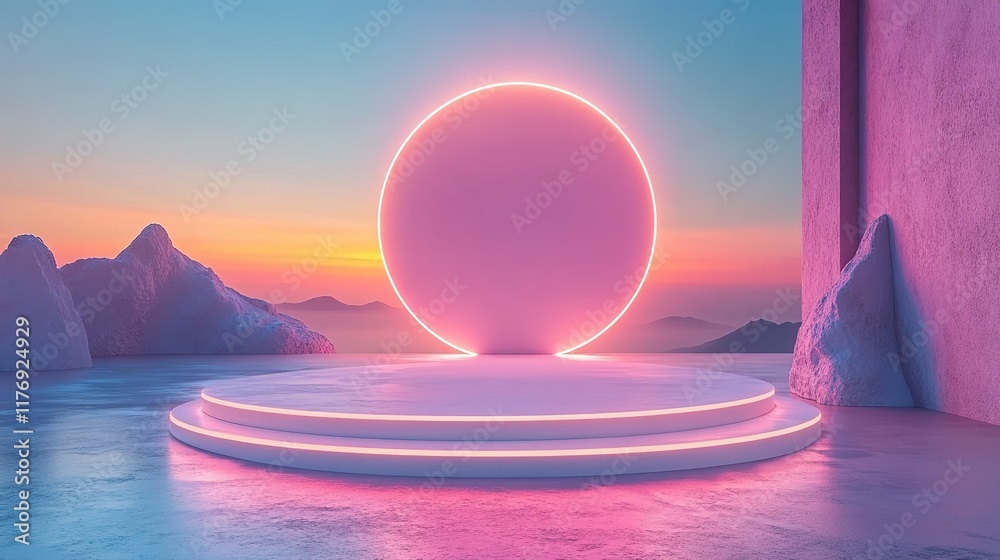 Poster a futuristic 3d podium with a glowing circular design serves as a high-tech stage for a product disp