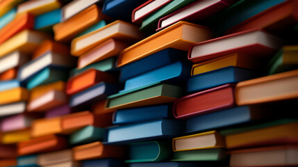 A vibrant collection of stacked books showcasing diverse colors and designs, perfect for promoting reading and education.