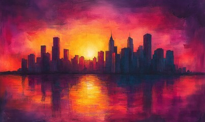 Fototapeta premium City skyline reflected, vibrant sunset.