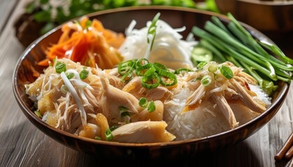 Savory Sticky Rice Platter with Chicken and Fresh Vegetables in a Wooden Bowl