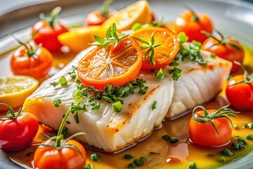 Macro Gourmet White Fish: Orange Glaze, Tomatoes & Herbs