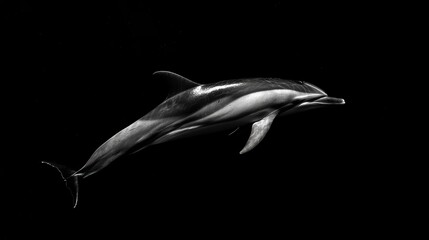 Fototapeta premium Monochrome photo of a dolphin swimming in dark water.