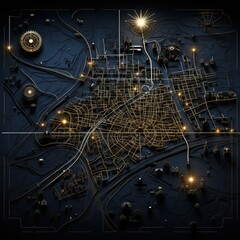 Eclectic Minimalistic Dark City Map with Thin Lines and Geometric Style