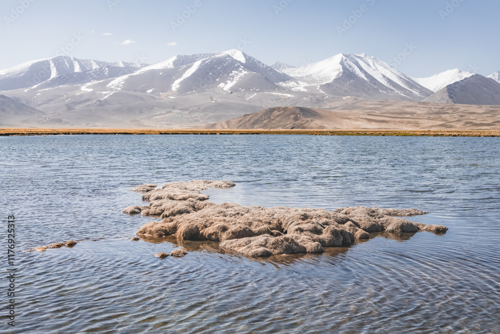 Wall mural Panorama of a high-mountain landscape, a lake and a river in the mountains flows in a mountain valley among meadows against the background of mountains, landscape in the Pamir Mountains background