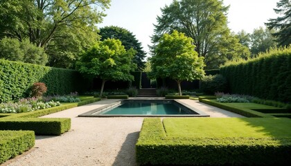 Elegant garden with rectangular pool and geometric hedges