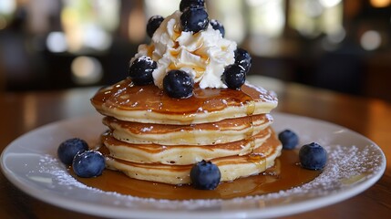A fluffy stack of pancakes topped with maple syrup fresh blueberries and whipped cream