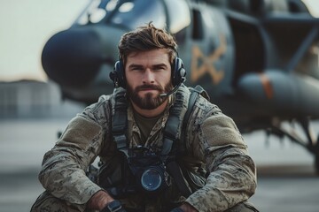 Obraz premium Soldier wearing headset sitting near helicopter on airfield