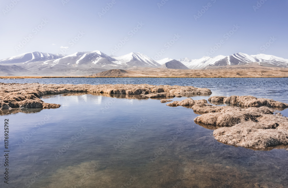 Sticker Panorama of a high-mountain landscape, a lake and a river in the mountains flows in a mountain valley among meadows against the background of mountains, landscape in the Pamir Mountains background