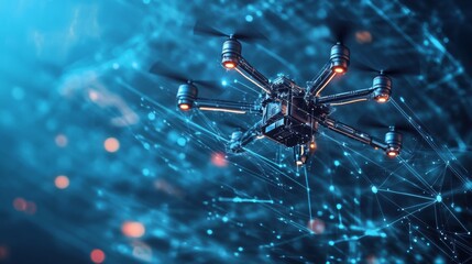 A sophisticated drone flies through a vibrant digital network, highlighted by glowing lines and data points in a low-light setting