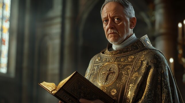 A priest stands inside a dimly lit church, holding an ornate book while looking contemplatively at the camera. Stained glass windows illuminate the scene with soft colors