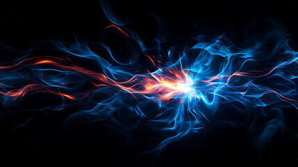 A vibrant explosion of blue and orange electric energy radiates across a dark background, creating a stunning visual effect.